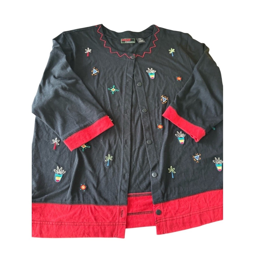 Onque Casuals Cardigan Tropical Embroidered Black Red Cotton Women XL 3/4 Sleeve
